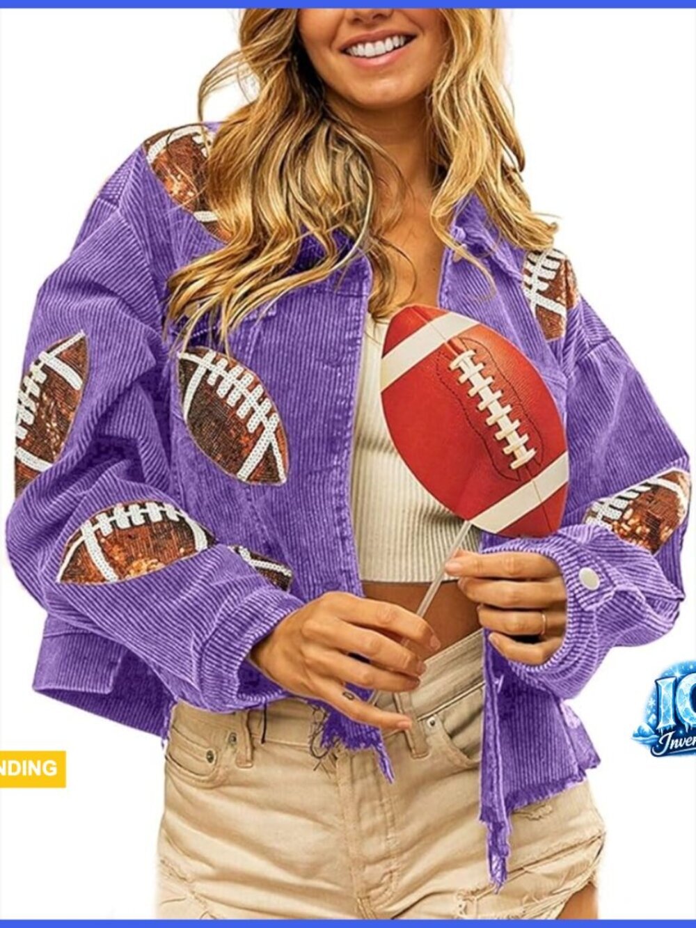 Football Sequin Embroidery Corduroy Cropped Frayed Hem Shacket Jacket